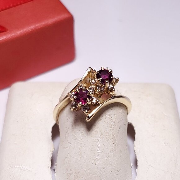Estate .45ctw Natural Rubellite & Diamond Double Flower 14Kt YG bypass Ring23016 - Picture 1 of 6